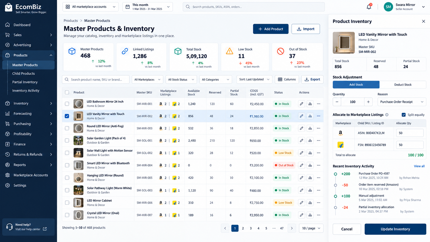 EcomBiz inventory and product management view